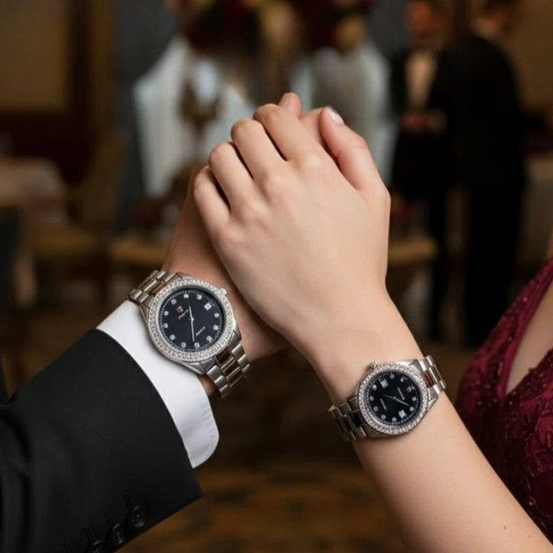 Premium Diamond-Studded Couple Watch Set - Silver Edition