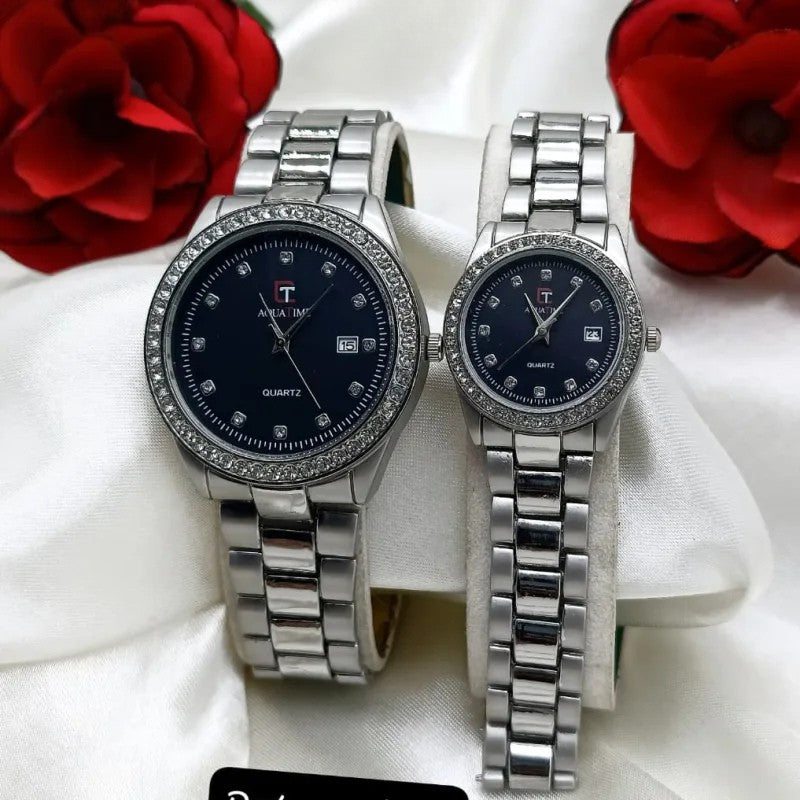 Premium Diamond-Studded Couple Watch Set - Silver Edition