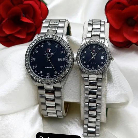 Premium Diamond-Studded Couple Watch Set - Silver Edition