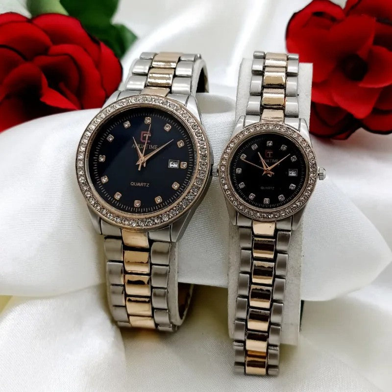 Premium Diamond-Studded Couple Watch Set - Silver Edition