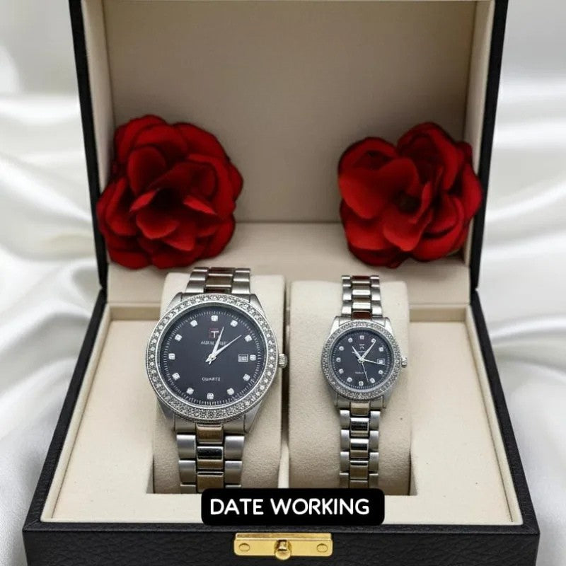 Premium Diamond-Studded Couple Watch Set - Silver Edition