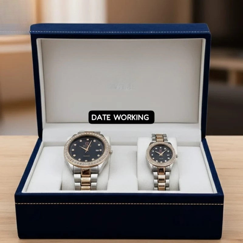 Premium Diamond-Studded Couple Watch Set - Silver Edition
