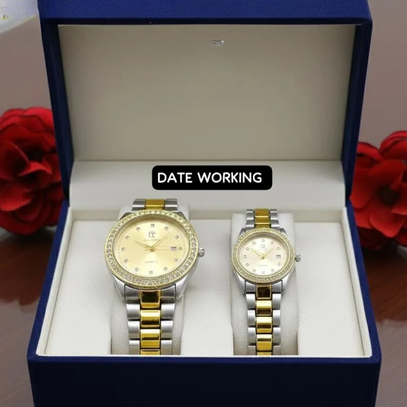 Premium Diamond-Studded Couple Watch Set - Silver Edition