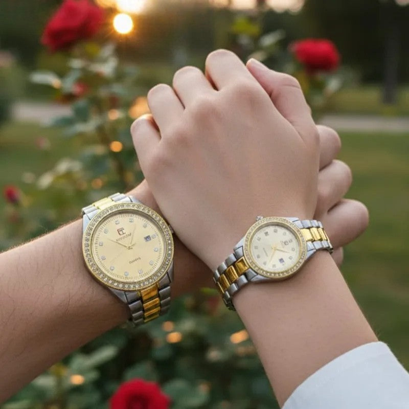Premium Diamond-Studded Couple Watch Set - Silver Edition