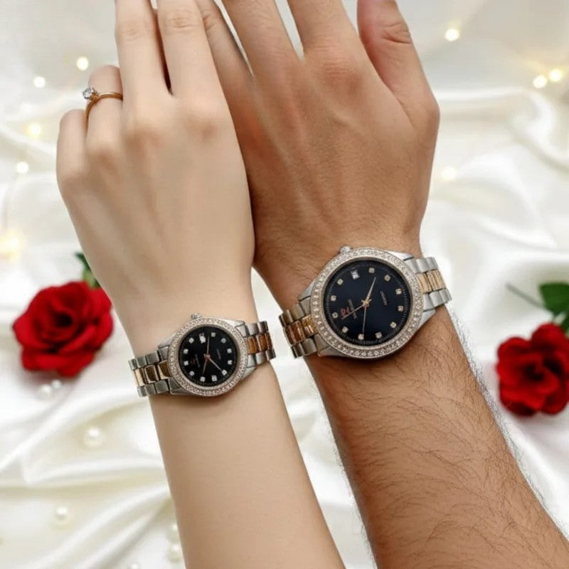Premium Diamond-Studded Couple Watch Set - Silver Edition