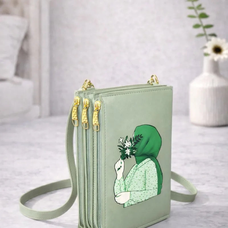 Triple-Zip, High-Capacity Crossbody Mobile Pouch for a Hijabi Girl ____ Delivery Free