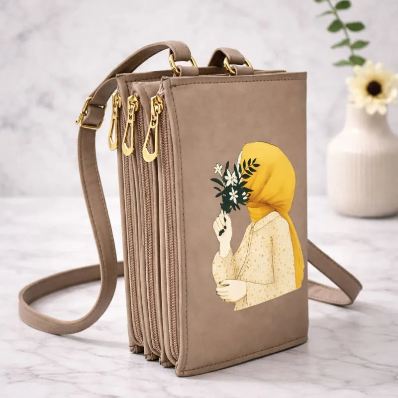 Triple-Zip, High-Capacity Crossbody Mobile Pouch for a Hijabi Girl ____ Delivery Free