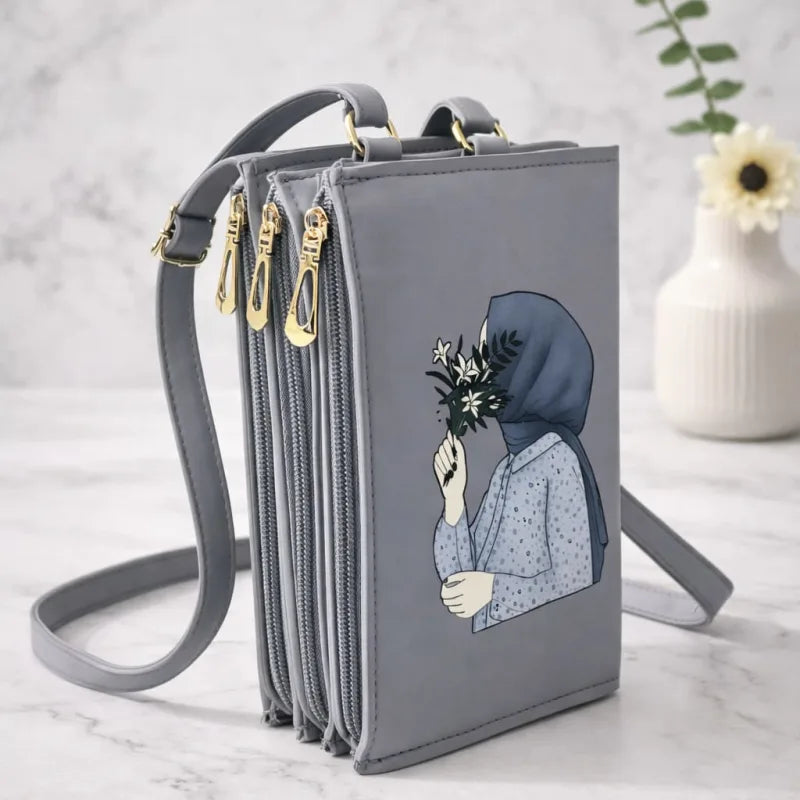 Triple-Zip, High-Capacity Crossbody Mobile Pouch for a Hijabi Girl ____ Delivery Free